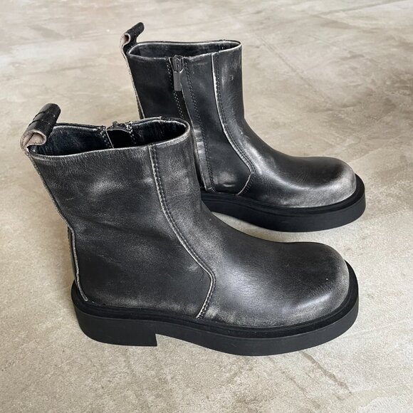 Zara Womens Chunky Sole Leather Zip Ankle Boot 38 - Picture 4 of 11